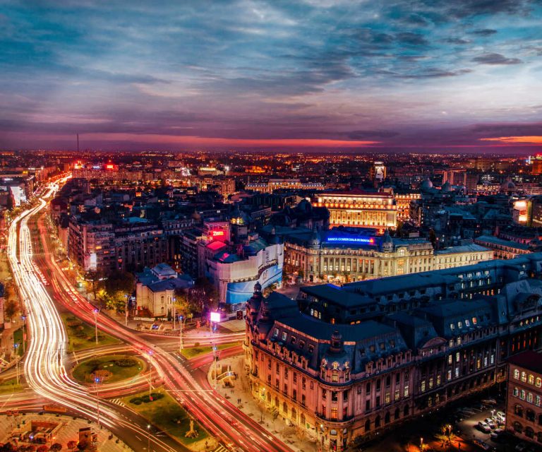 Long exposure of University Square during rush hour busy interse